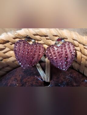 Pink Heart Crystal Stud Clip On Earrings - Handmade By PaulieBird